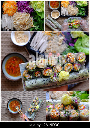 Cibo vegetariano elaborazione carta in rotoli di riso da verdure colorate come carote, cavolo, tofu, i vermicelli, insalata, arachidi, vietnamita Spring Roll per h Foto Stock