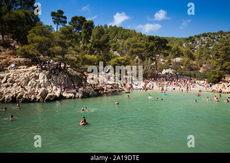 Gli amanti della spiaggia in Calanque de Port-Pin, Calanques National Park, Cassis, Bouches-du-Rhône, Provence-Alpes-Côte d'Azur, in Francia, in Europa Foto Stock