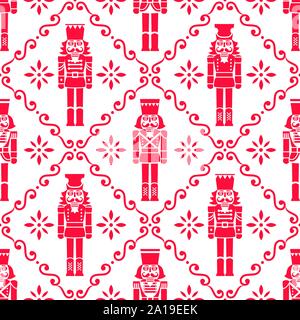 Natale schiaccianoci vector seamless pattern - Xmas soldato ripetitive di figurine di rosso e bianco, ornamento design tessile Illustrazione Vettoriale