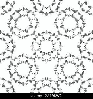 Abstract seamless stilizzata suns pattern. Moderna ed elegante struttura. Etnica ornamento geometrico. Lo stile lineare. Vettore sfondo monocromo. Illustrazione Vettoriale