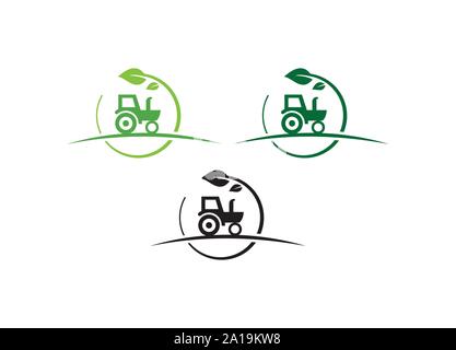 Trattore verde con emblema della linea a balestra e curva che rappresenta l'agricoltura e l'agricoltura sostenibili Illustrazione Vettoriale