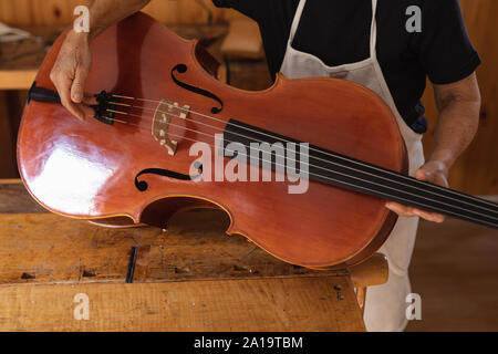 Liutaio femmina durante il lavoro in officina Foto Stock