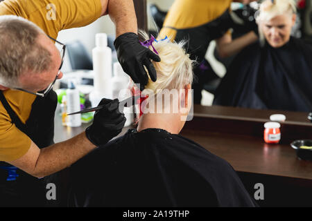 Parrucchiere maschio e femmina in client parrucchiere Foto Stock