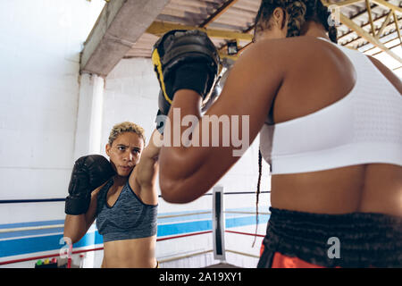 Il Trainer assiste boxer femmina nella boxe al centro fitness Foto Stock