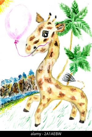 Disegnata a mano Cartoon carino animale, giraffe illustrazione ad acquerello. Foto Stock