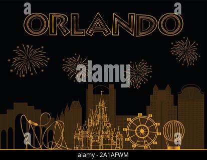 Orlando, Florida. Orlando scritte in oro su sfondo nero. Vettore con icone di viaggio e fuochi d'artificio.. Illustrazione Vettoriale