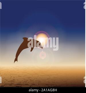 Vettore con Dolphin e sulla spiaggia di tramonto sullo sfondo. Cartolina di viaggio. Illustrazione Vettoriale