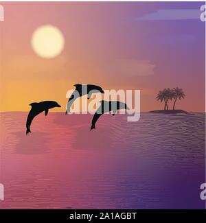 Vettore con i delfini e sulla spiaggia di tramonto colorato sfondo. Cartolina di viaggio. Illustrazione Vettoriale