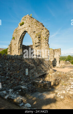 Il drammatico rovine di St Dogmael's Abbey, sul bankks del fiume Teifi presso il St Dogmaels, cardigan, Galles. Fondata nel 1120 sul luogo di una precedente pre-chiesa normanna, St Dogmael lo status di un centro religioso può essere visto in estese rovine che coprono quattro secoli di vita monastica. Gli elementi della chiesa e chiostro sono del XII secolo in origine, mentre l'alto ad ovest e a nord le pareti della navata sono del XIII secolo. C'è un bel portale del nord con xiv secolo di decorazione e un transetto nord, costruito nel periodo di Tudor. Foto Stock