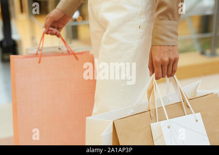 Close-up di giovane donna che trasportano i sacchi di carta lei facendo shopping nel centro commerciale per lo shopping Foto Stock