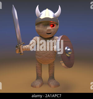 Confuso mummia egiziana monster vestito come un Viking, 3D render illustrazione Foto Stock