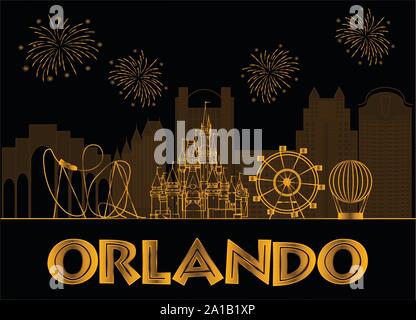 Orlando scritte in oro su sfondo nero. Vettore con icone di viaggio e fuochi d'artificio. Cartolina di viaggio. Illustrazione Vettoriale