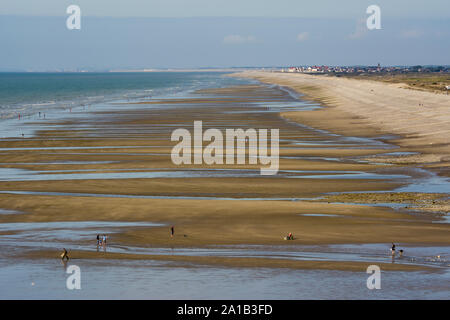 Plage de Sangatte et Wissant, pieux de bois sur la plage, traghetto pour l'Angleterre. Foto Stock