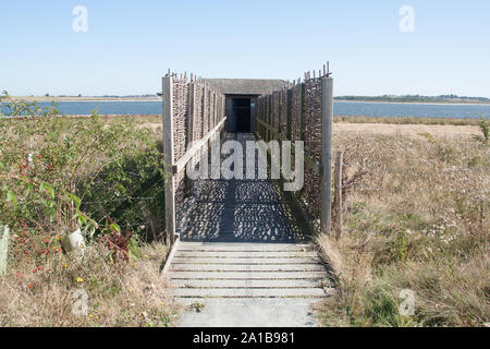 Bird watcher guardando mimetizzata nascondi observatory Foto Stock