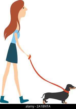 Ragazza camminare cane, illustrazione, vettore su sfondo bianco. Illustrazione Vettoriale