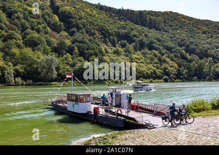 Il villaggio del vino sulla Mosella, Klotten, Untermosel, Moselle, traghetto ferry di imbardata, per ciclisti e pedoni, Foto Stock