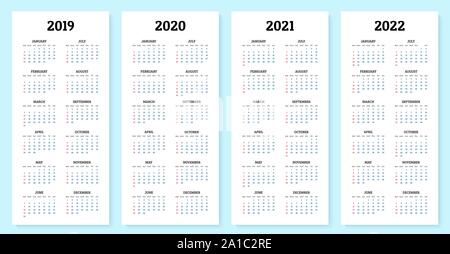 Calendario annuale 2019, 2020, 2021 e 2022 modello. Illustrazione Vettoriale Illustrazione Vettoriale