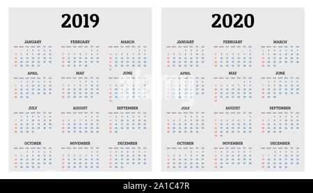 Calendario annuale 2019 e 2020 modello. Illustrazione Vettoriale Illustrazione Vettoriale