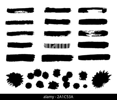 Set di vettore di vernice nera, tratti di inchiostro, spazzole, linee, macchie isolate su sfondo bianco Illustrazione Vettoriale