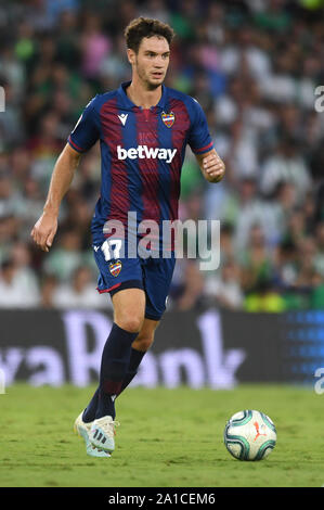 SEVILLA, 24-09-2019. Primera Division campionato spagnolo. LaLiga. Estadio Benito Villamarin. Nikola Vukcevic (Levante UD) durante il gioco Real Betis - Levante UD. Foto Stock