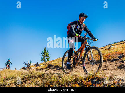 Gli amanti della mountain bike sul famoso Monarch Crest Trail, lungo il Continental Divide in Colorado, in sella ad un allevatore di Alleanza Nazionale contro Foto Stock