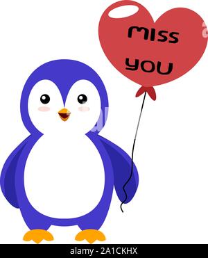 Pinguino con cuore palloncino, illustrazione, vettore su sfondo bianco. Illustrazione Vettoriale