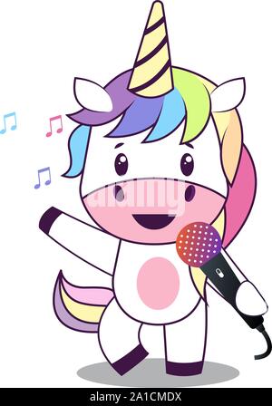 Unicorn con microfono, illustrazione vettore su sfondo bianco. Illustrazione Vettoriale