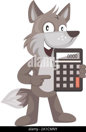 Lupo con la calcolatrice, illustrazione vettore su sfondo bianco. Illustrazione Vettoriale