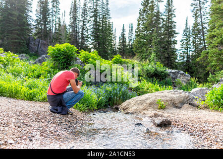 Albion bacino, Utah estate con uomo a scattare foto del fiume creek acqua nelle montagne Wasatch su Cecret Lago trail escursione Foto Stock