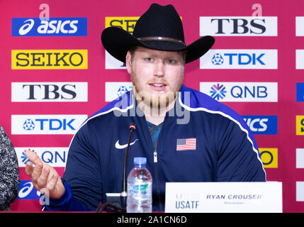 Doha in Qatar. Xxv Sep, 2019. Ryan Crouser degli Stati Uniti partecipa a una conferenza stampa della pista per gli Stati Uniti e il campo team per la IAAF 2019 Campionati del Mondo a Doha, in Qatar, Sett. 25, 2019. Credito: Wang Jingqiang/Xinhua/Alamy Live News Foto Stock