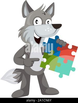 Lupo con puzzle, illustrazione, vettore su sfondo bianco. Illustrazione Vettoriale