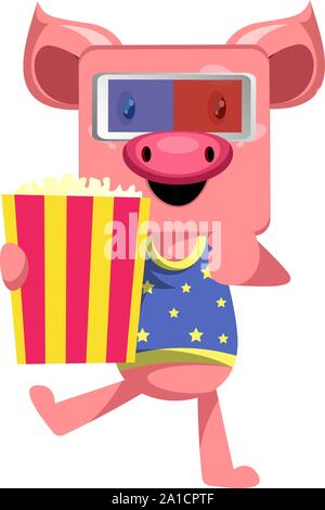 Maiale con popcorn, illustrazione vettore su sfondo bianco. Illustrazione Vettoriale