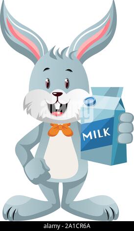 Bunny tenendo il latte, illustrazione, vettore su sfondo bianco. Illustrazione Vettoriale