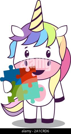 Unicorn con puzzle, illustrazione, vettore su sfondo bianco. Illustrazione Vettoriale