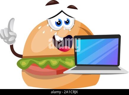 Burger con laptop, illustrazione, vettore su sfondo bianco. Illustrazione Vettoriale