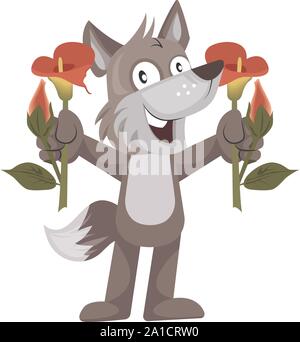 Lupo con fiori, illustrazione, vettore su sfondo bianco. Illustrazione Vettoriale