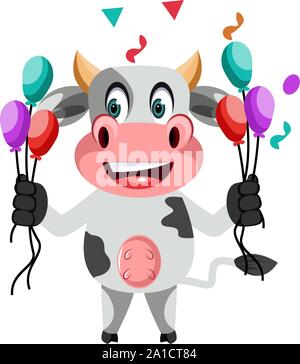 Mucca con palloncini, illustrazione vettore su sfondo bianco. Illustrazione Vettoriale