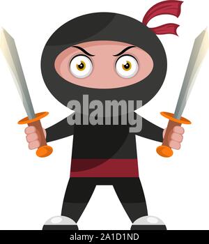 Il ninja con due spade, illustrazione vettore su sfondo bianco. Illustrazione Vettoriale
