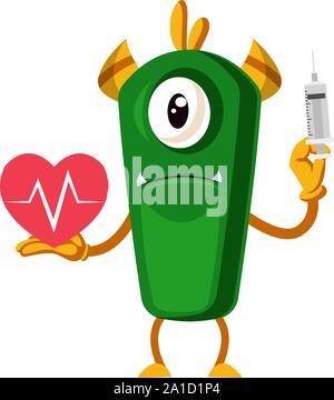 Monster con cuore spezzato, illustrazione vettore su sfondo bianco. Illustrazione Vettoriale