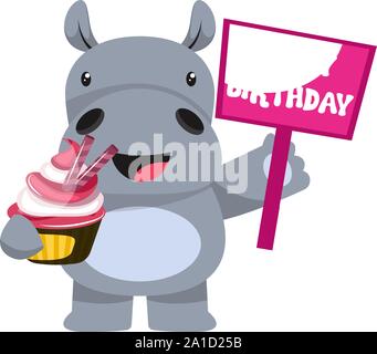 Hippo con torta, illustrazione vettore su sfondo bianco. Illustrazione Vettoriale