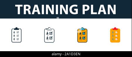 Piano di formazione icon set. Simbolo di Premium in stili diversi dal centro fitness raccolta di icone. Training per Creative icona del piano riempito, bordato e colorato Illustrazione Vettoriale