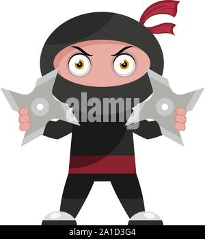 Il ninja con shuriken, illustrazione vettore su sfondo bianco. Illustrazione Vettoriale