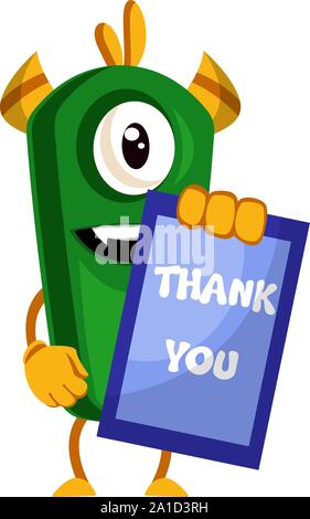 Mostro con la ringrazio segno, illustrazione, vettore su sfondo bianco. Illustrazione Vettoriale