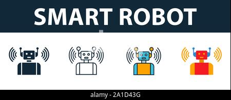 Robot Intelligente icon set. Simbolo di Premium in stili diversi dai dispositivi intelligenti raccolta di icone. Creative smart icona robot riempito, bordato e colorato Illustrazione Vettoriale