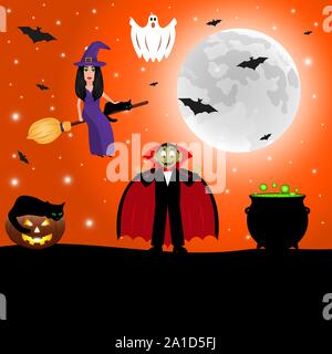 Strega con un gatto su una scopa per Halloween contro lo sfondo della luna con i pipistrelli. Illustrazione Vettoriale
