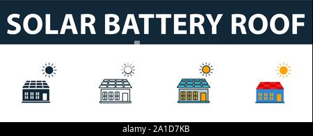 Batteria solare sul tetto set di icone. Simbolo di Premium in stili diversi dai dispositivi intelligenti raccolta di icone. Creative batteria solare icona del tetto riempiti, contorno Illustrazione Vettoriale