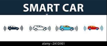 Smart Car icona set. Simbolo di Premium in stili diversi dai dispositivi intelligenti raccolta di icone. Creative smart car icona riempito, contorno, colorata e piatto Illustrazione Vettoriale