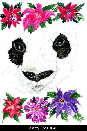 Acquerello orso panda ritratto con fiori, disegnati a mano illustrazione. Foto Stock
