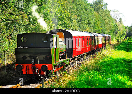 Ribble Steam Railway treno in viaggio nella zona boschiva in un giorno di estate Foto Stock