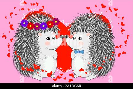 Paio di felice amare il riccio. Carino coppia di animali danza e abbraccio, maschio permette ai fiori di femmina. Amore, romanticismo e di San Valentino tema. Illustrazione Vettoriale